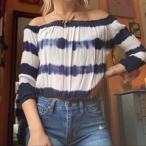 Off the Shoulder Blue and White Tie Dye Cropped Top